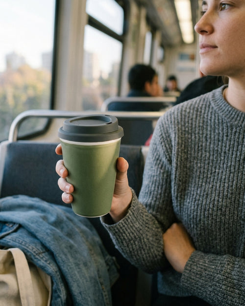Veori Ceramic Travel Cup with Silicone Lid 360 ml Moss - Lifestyle view